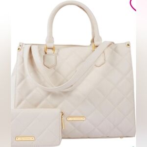 Tote Style Leather Handbag. Joy Mangano. Quilted. Lined. Gold Hardware.